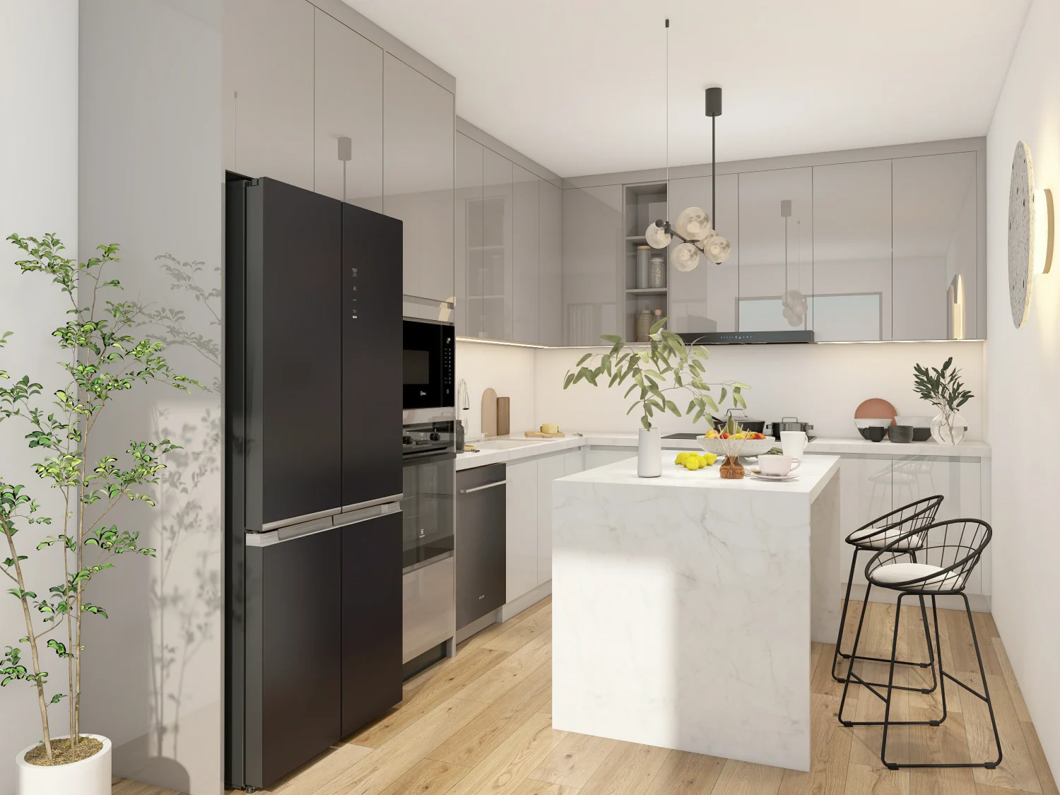 Modern high gloss kitchen cabinets in black and white with sleek finishes and contemporary design.