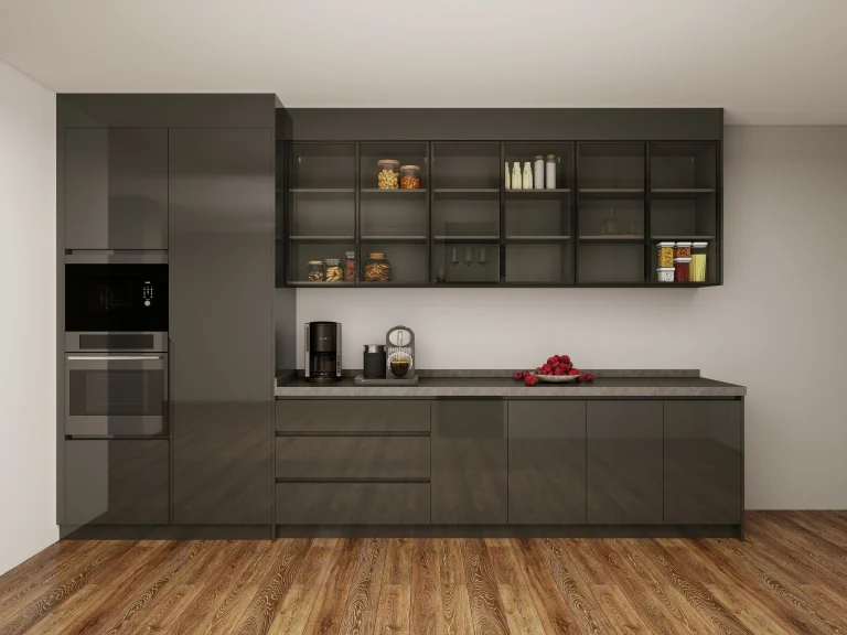 Modern high gloss kitchen cabinets with sleek, reflective finishes and minimalist design.