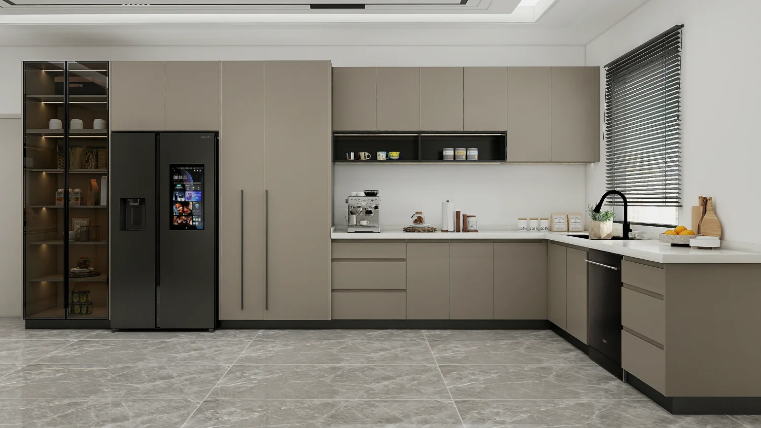 Contemporary kitchen with dark laminate cabinets and a marble backsplash.