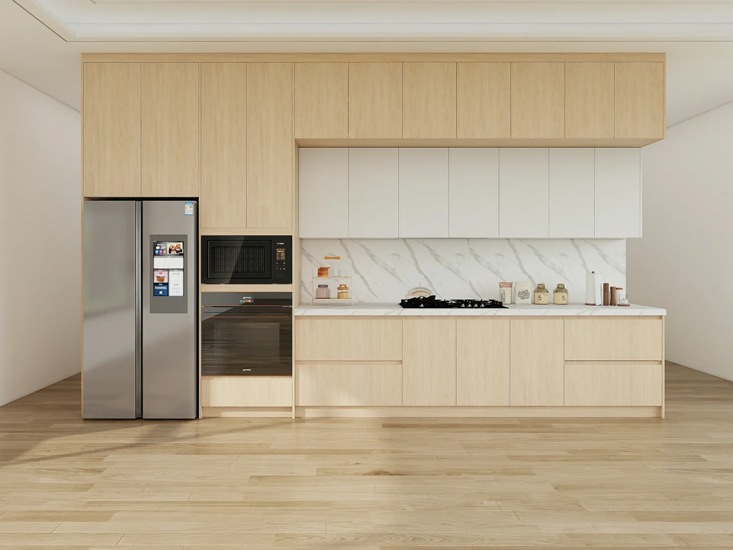 Kitchen with sleek laminate cabinets and a stylish white countertop.