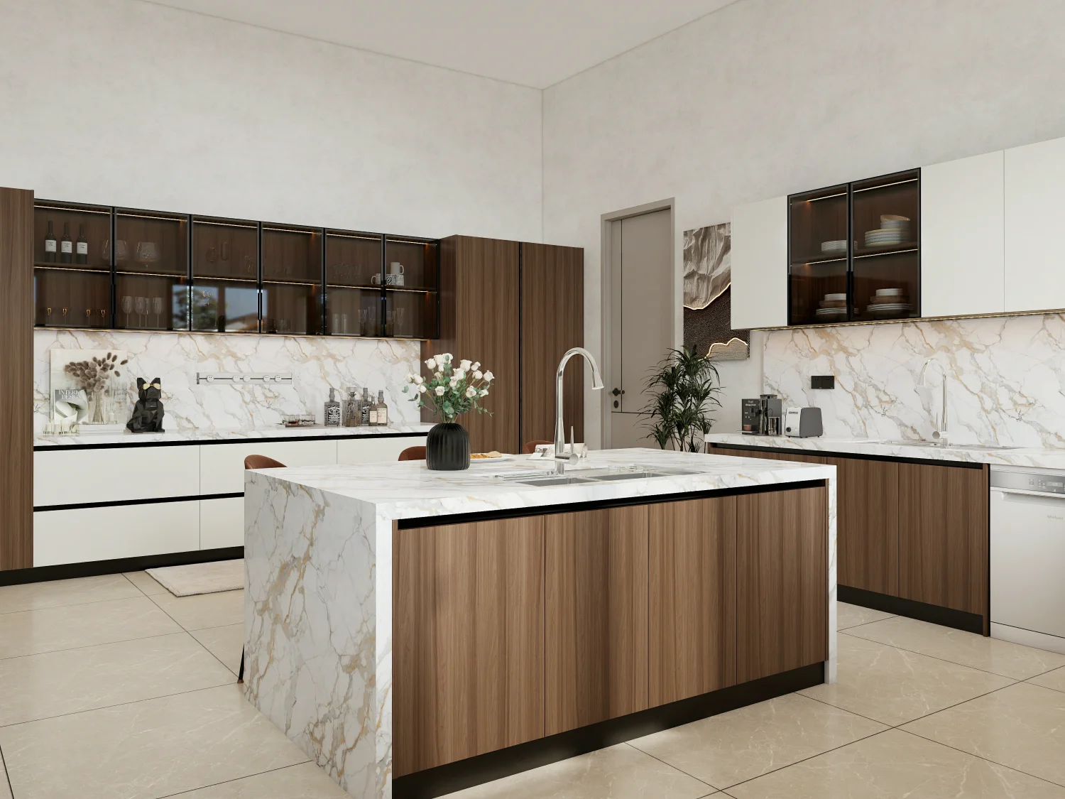 What Are the Pros and Cons of Laminate Kitchen Cabinets? 1 A stylish modern kitchen featuring laminate kitchen cabinets and a marble countertop.