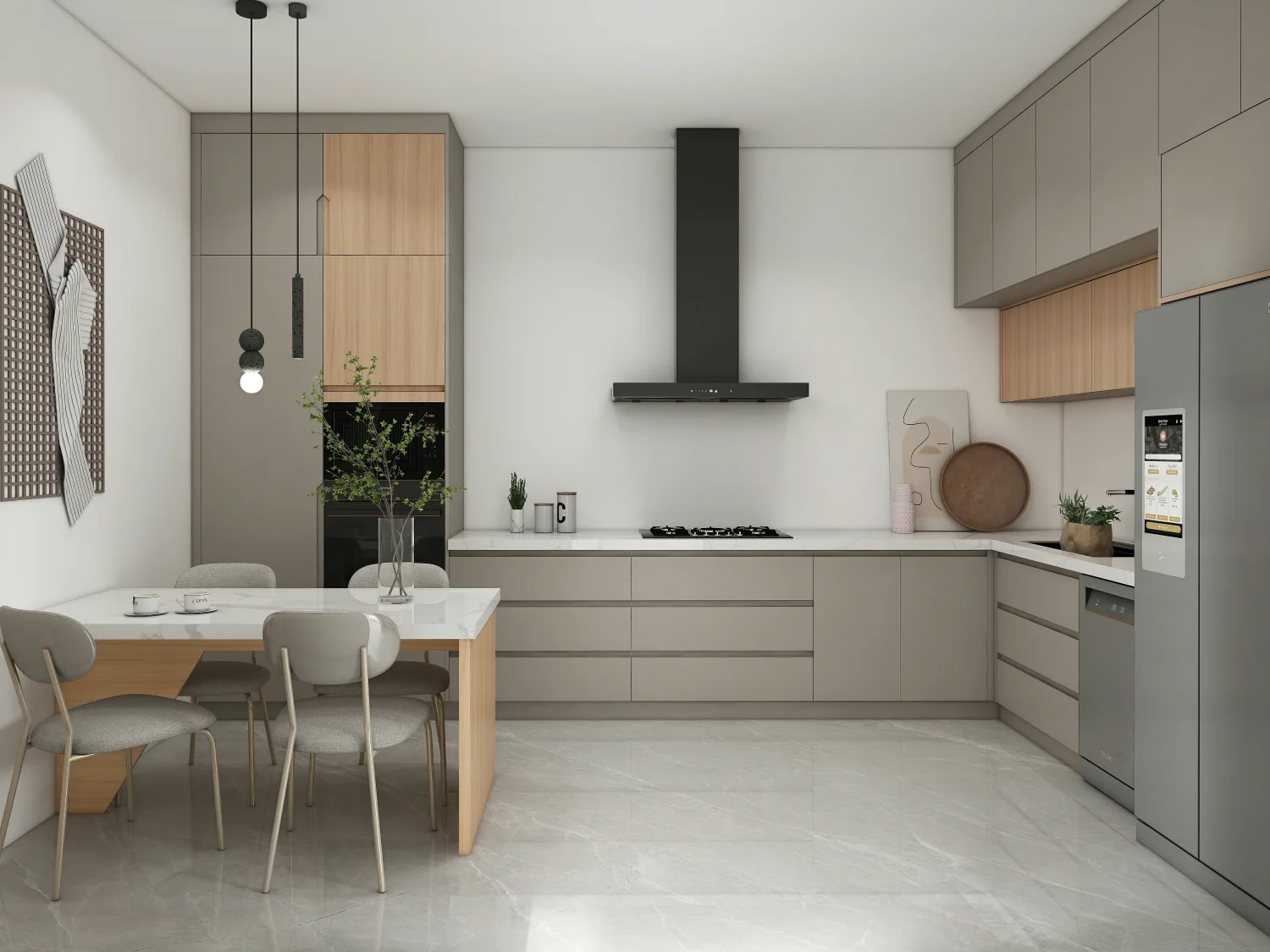 Matte finish kitchen cabinets with a minimalist design in gray and wood tones, offering a subtle elegance.