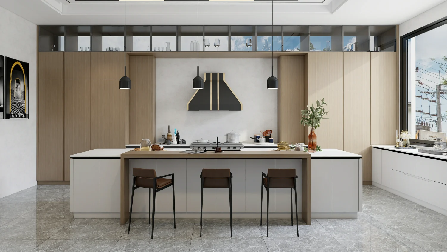 Minimalist kitchen featuring light wood veneer cabinets and a spacious design.