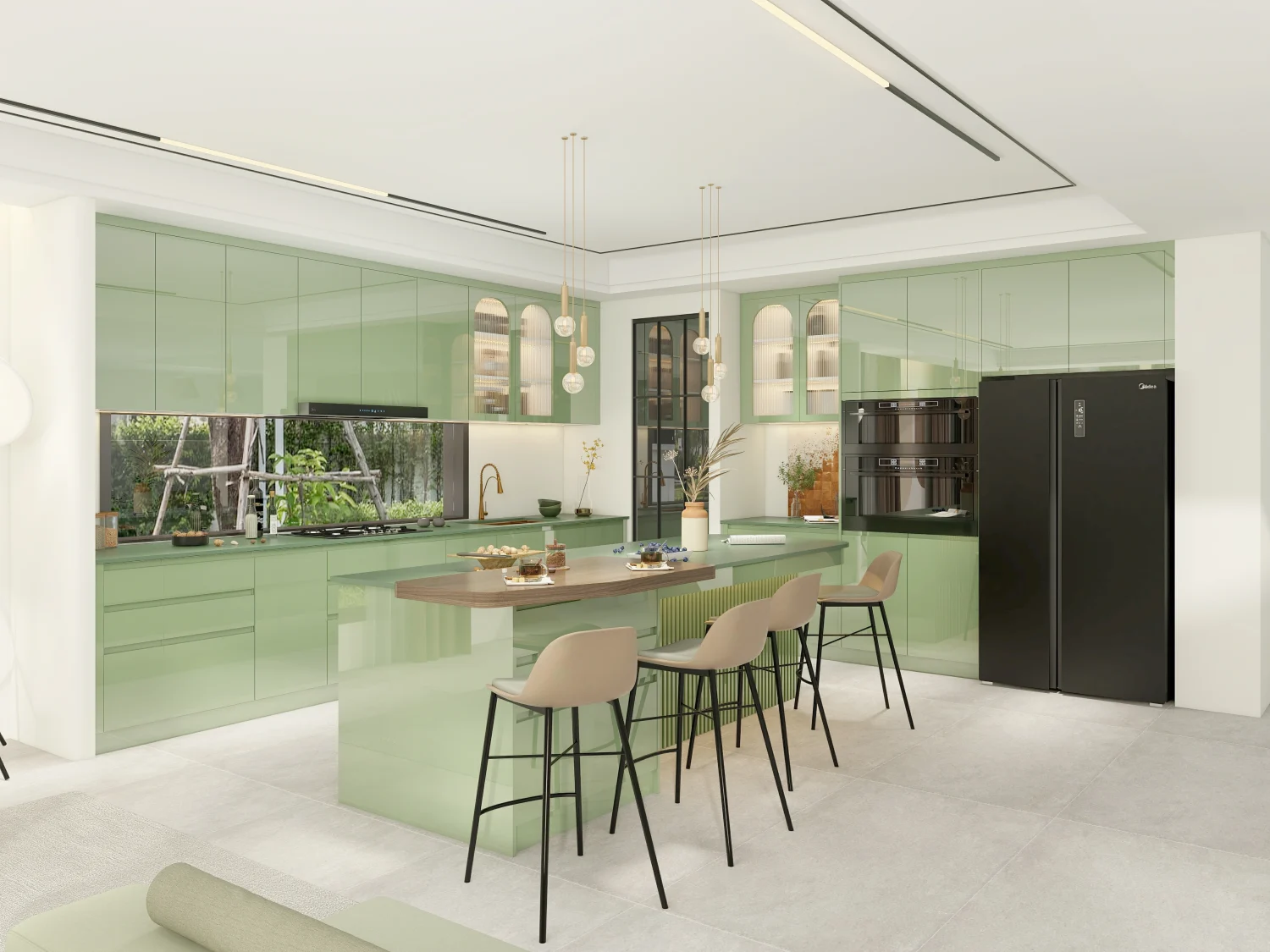 High gloss green kitchen cabinets with sleek finishes, creating a modern and eco-friendly kitchen design.
