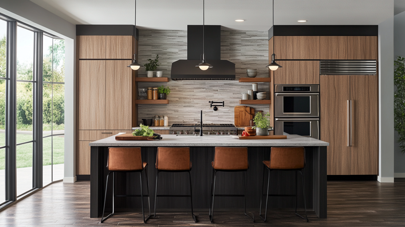 A sleek, modern kitchen featuring Bertch cabinets, minimalist shelves, and stylish bar stools.