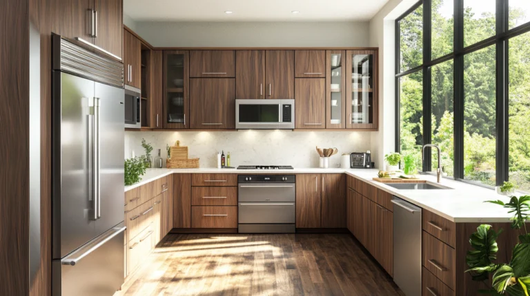 Modern kitchen showcasing Marsh Cabinets walnut finish and soft‑close drawers under bright sunlight.