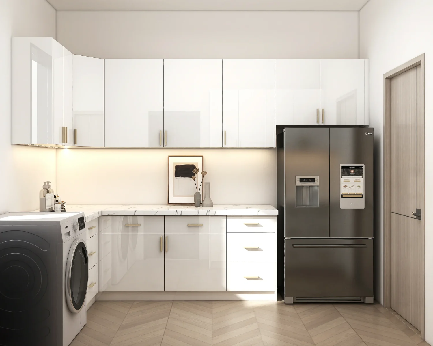 A modern laundry room featuring modular kitchen cabinets with sleek white design and minimalistic storage.