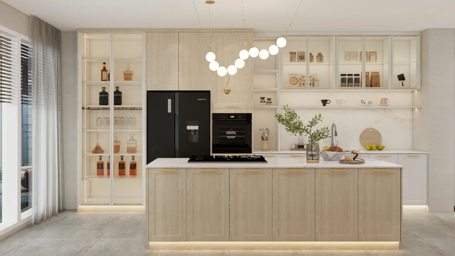 A modern kitchen with open kitchen cabinets, featuring glass shelves and organized jars, requiring frequent cleaning.