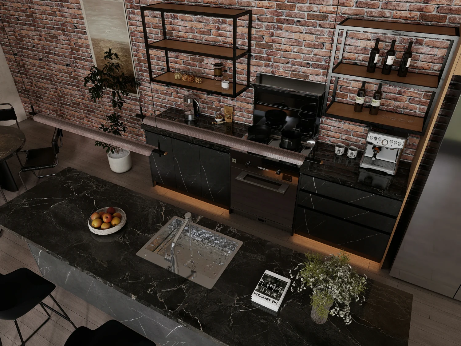 Contemporary kitchen featuring open kitchen cabinets with open shelving, offering organized storage and a modern look.