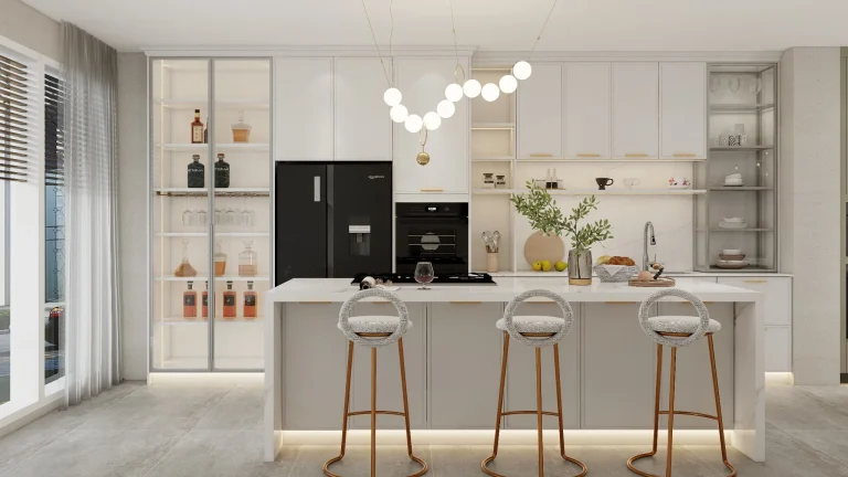 Modern kitchen with open kitchen cabinets, featuring elegant open shelving and stylish décor.