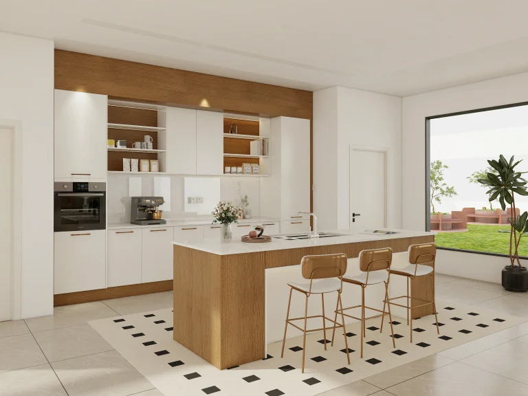 A modern kitchen with custom particle board kitchen cabinets, open shelving, and a spacious island