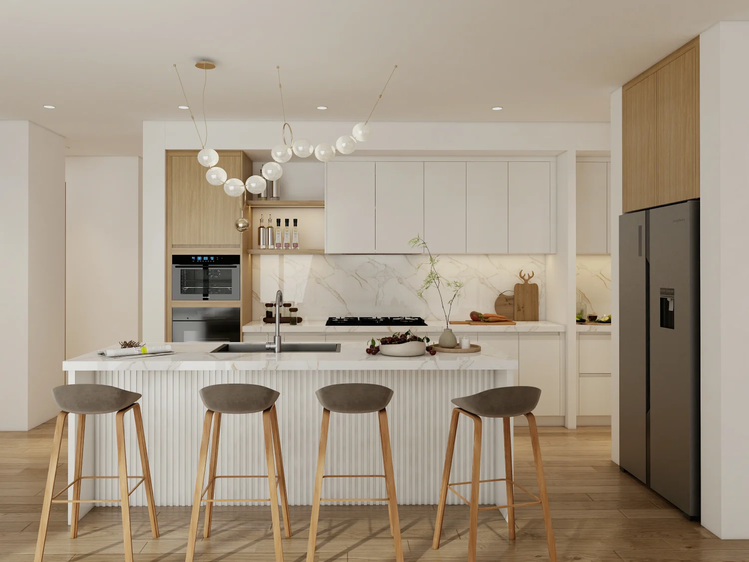 A modern kitchen with sleek cabinetry, showcasing potential drawbacks of particle board kitchen cabinets like lower durability and moisture vulnerability