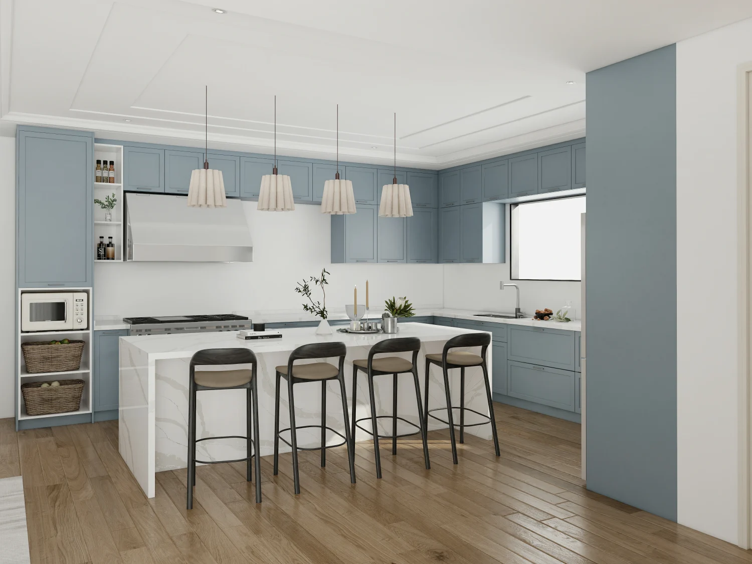A Shaker style kitchen with blue cabinets, white marble countertops, and pendant lighting, offering a classic design.
