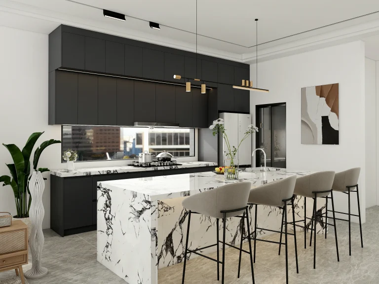 A sleek kitchen featuring slab kitchen cabinets in black with marble countertops and modern fixtures.