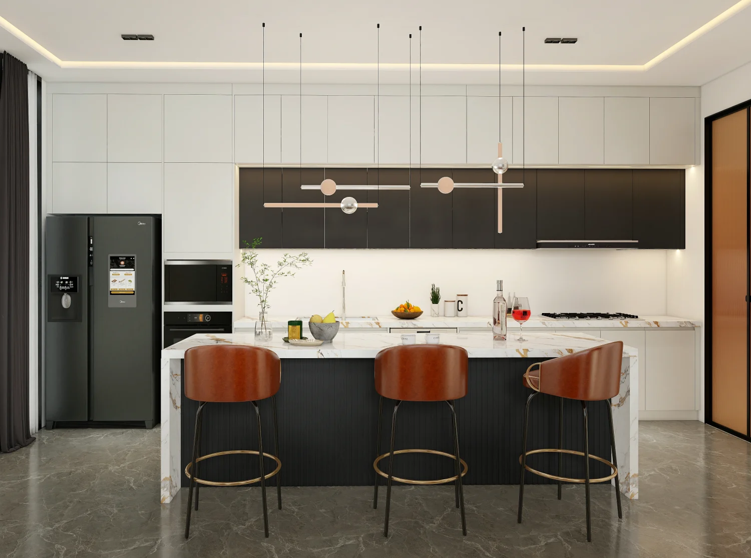 A modern kitchen featuring slab kitchen cabinets with black and white tones, marble countertops, and stylish bar stools.