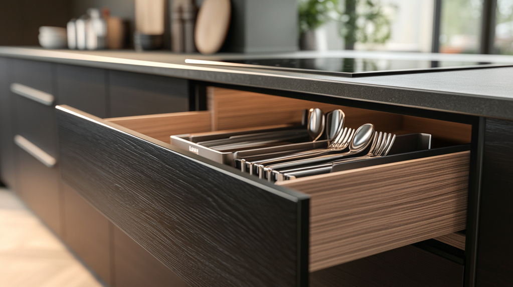 Marsh Cabinets drawer with soft‑close slide and integrated utensil organizer.