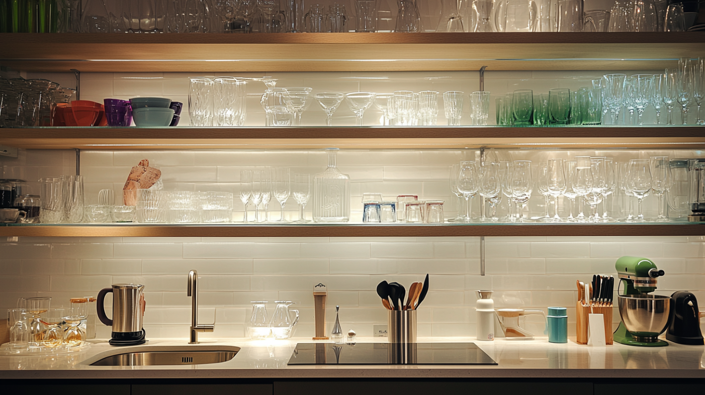 An elegant kitchen with open glass shelves displaying glassware and colorful dishware, enhancing the clean, modern feel.