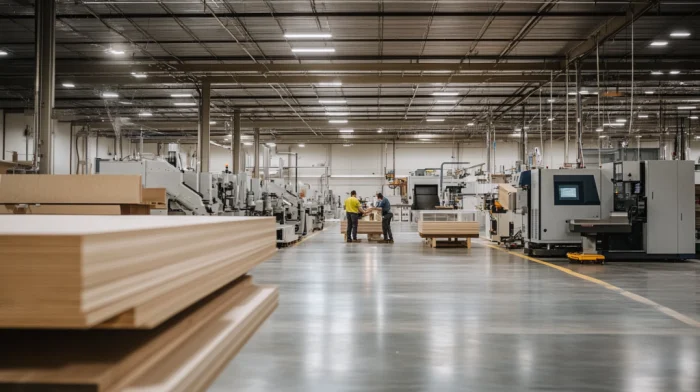 Factory floor with CNC machines producing Marsh Cabinets panels.