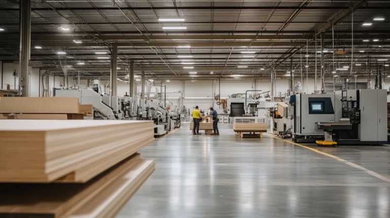 Factory floor with CNC machines producing Marsh Cabinets panels.