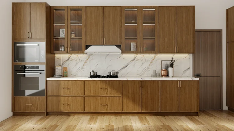Warm oak wood veneer cabinets with an open kitchen design that provides both functionality and style.