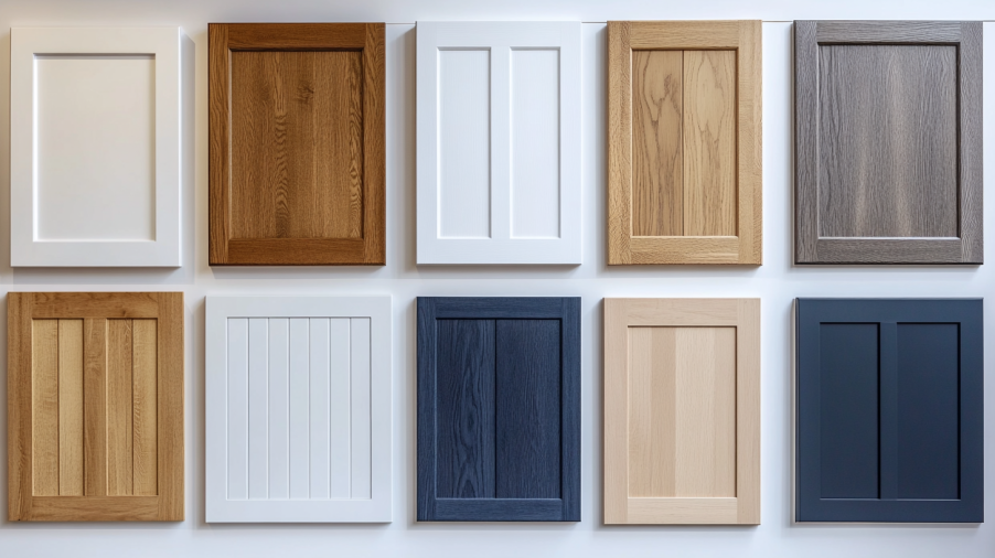 Grid of Wayfair kitchen cabinet door style samples featuring shaker, raised‑panel, slab, and wood grain finishes