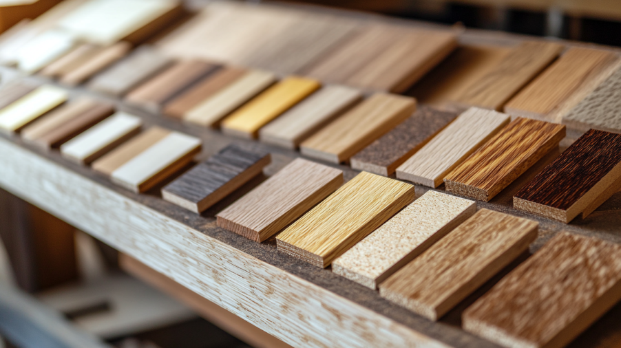 Close‑up view of Wayfair kitchen cabinet material samples showing MDF, particleboard, plywood, and solid wood layers