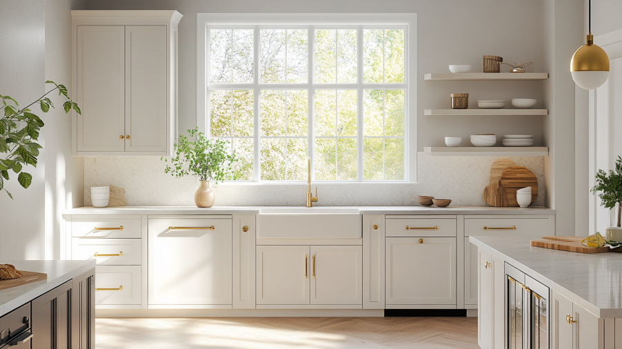 Sunlit kitchen with white Wayfair kitchen cabinets, open shelving, farmhouse sink, and greenery by a large window