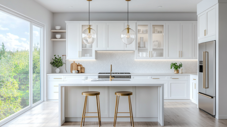 Bright modern kitchen featuring white Wayfair kitchen cabinets, marble island, and gold hardware under large windows