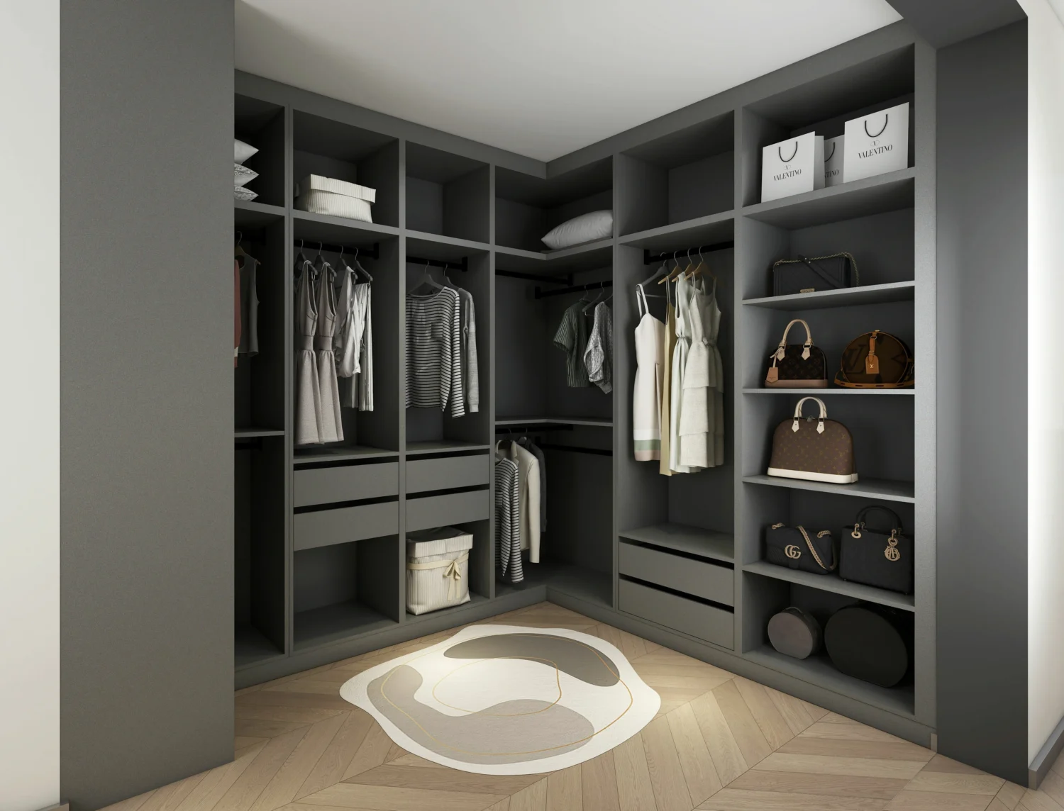 L-shaped corner wardrobes for bedroom with open shelves, double hanging rails, drawers, and handbag niches.