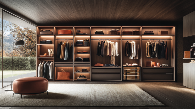 A modern open wardrobe closet showcasing shelves and hanging racks in a spacious room.