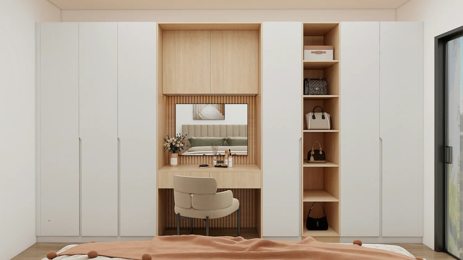 Maximizing Small Wardrobe Space: Space-Saving Tips & Clever Organization 10 Small wardrobe combined with a vanity, offering storage and a functional mirror.