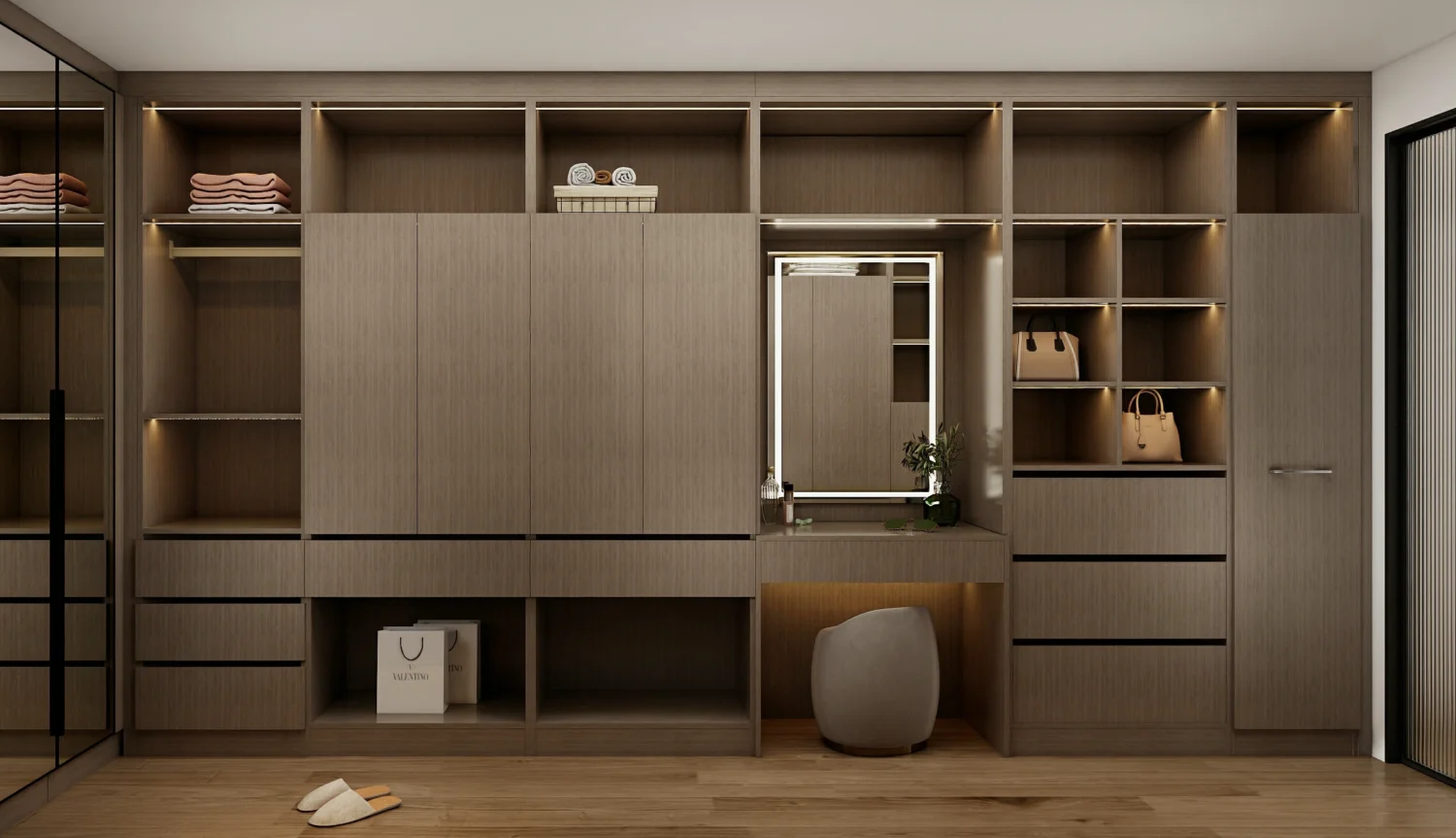 A modern wardrobe with smart storage systems for seamless organization.