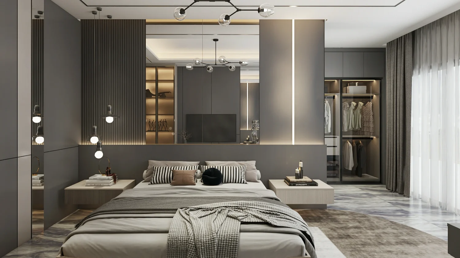 A built-in customizable headboard with lighting and storage in a modern bedroom.
