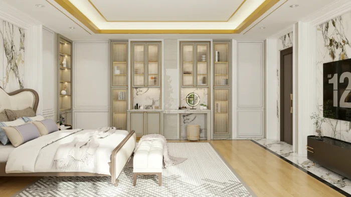 A custom wardrobe with sliding doors and built-in shelving in a master bedroom.