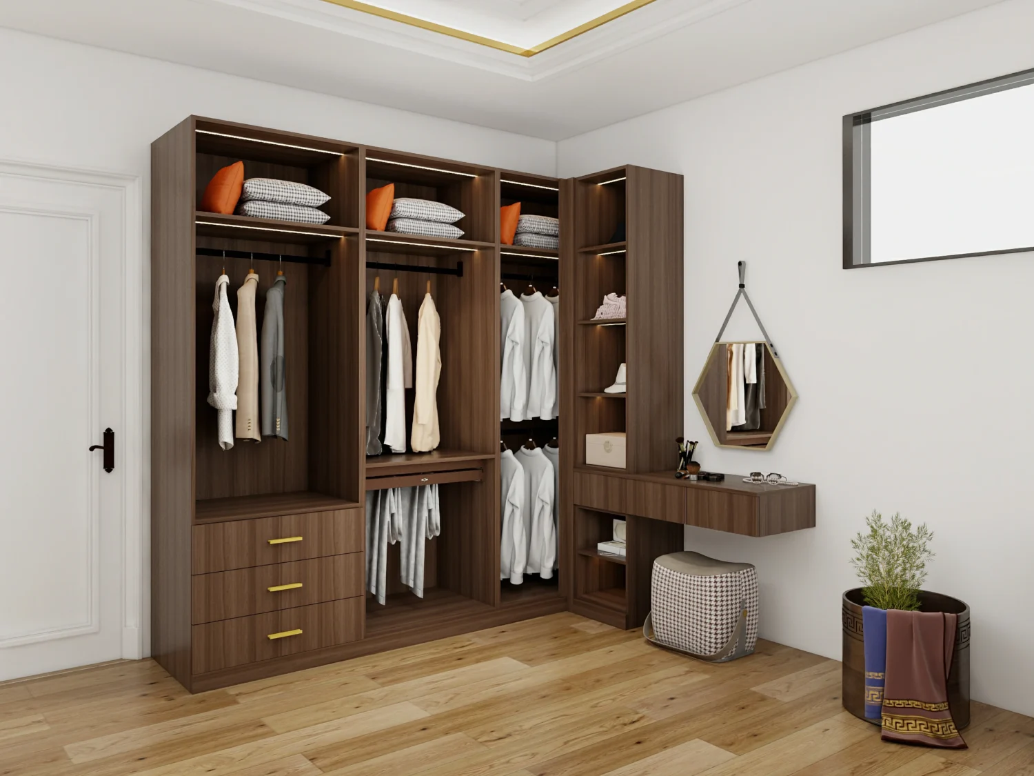 A modern wardrobe featuring hidden storage compartments for a clean and tidy look.