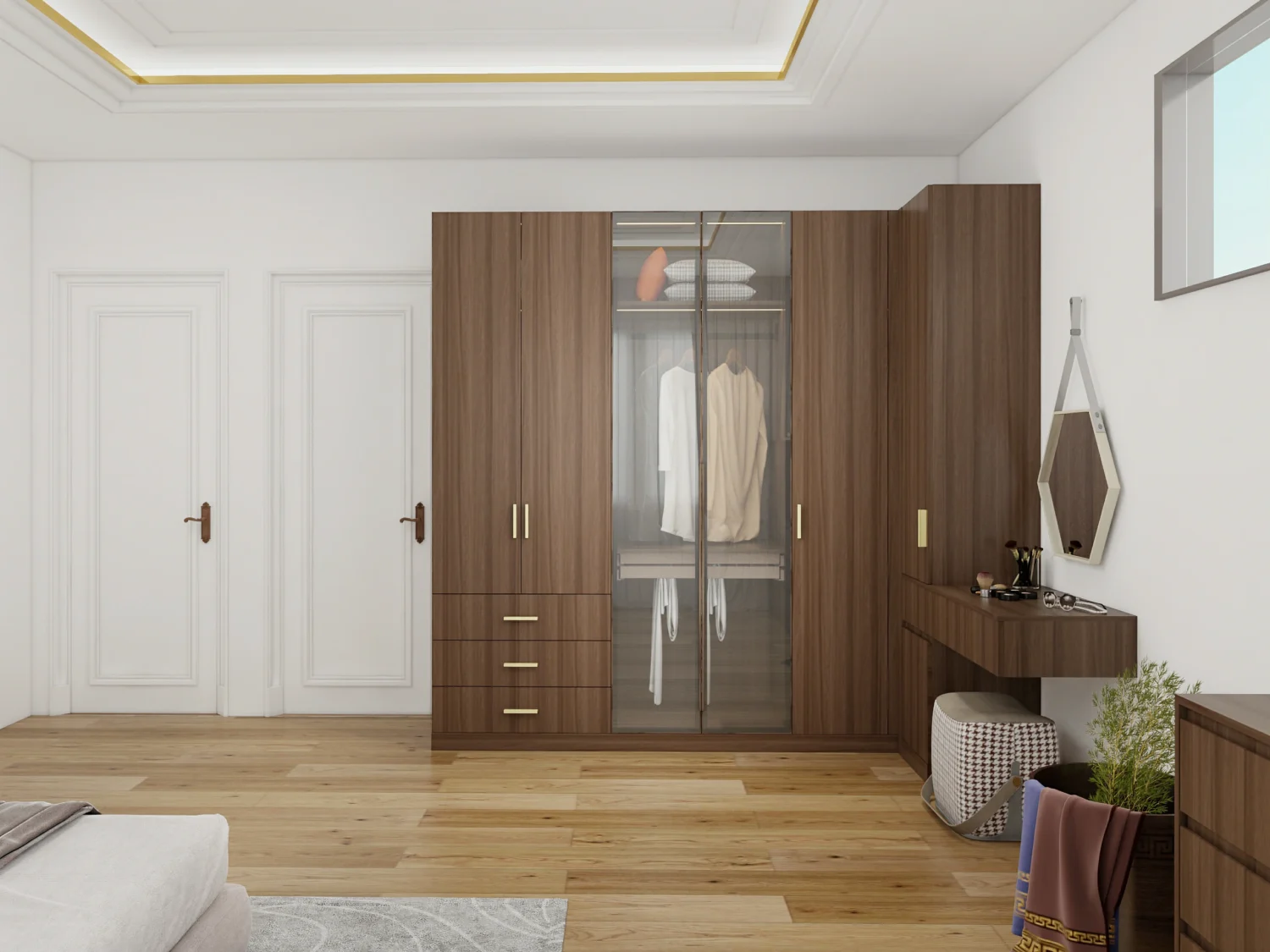 A modern wardrobe featuring hidden storage compartments for a clean and tidy look.