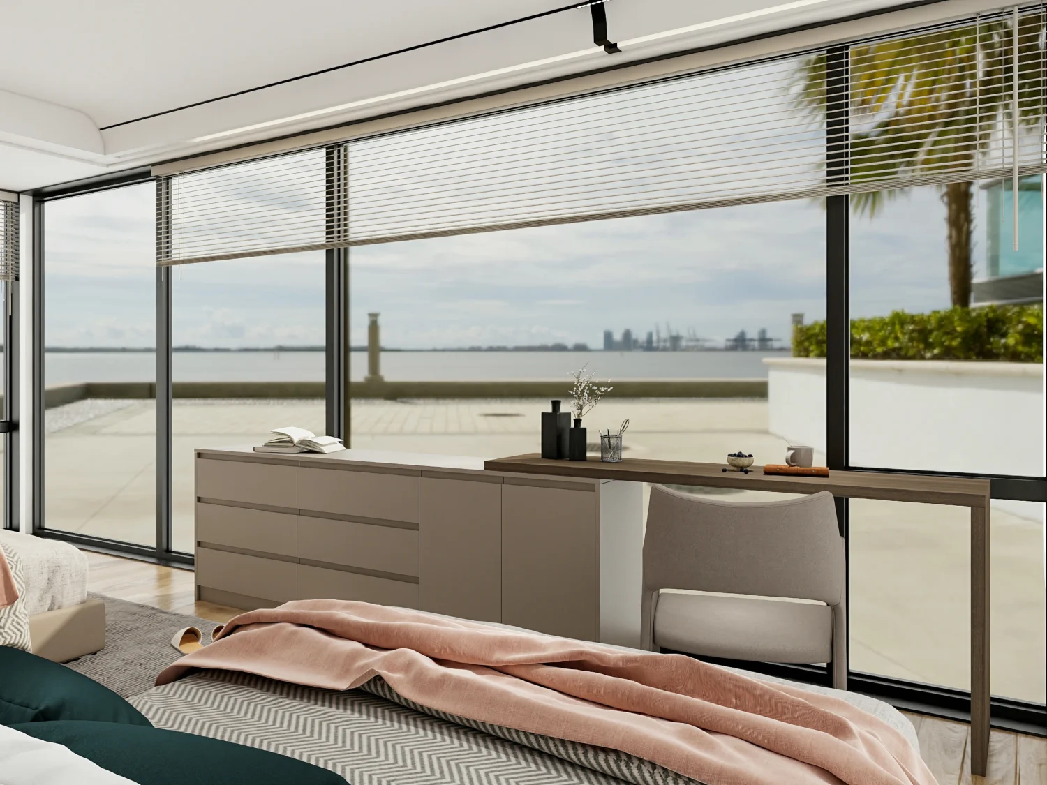 Large glass windows in a master bedroom creating an open, airy feel.