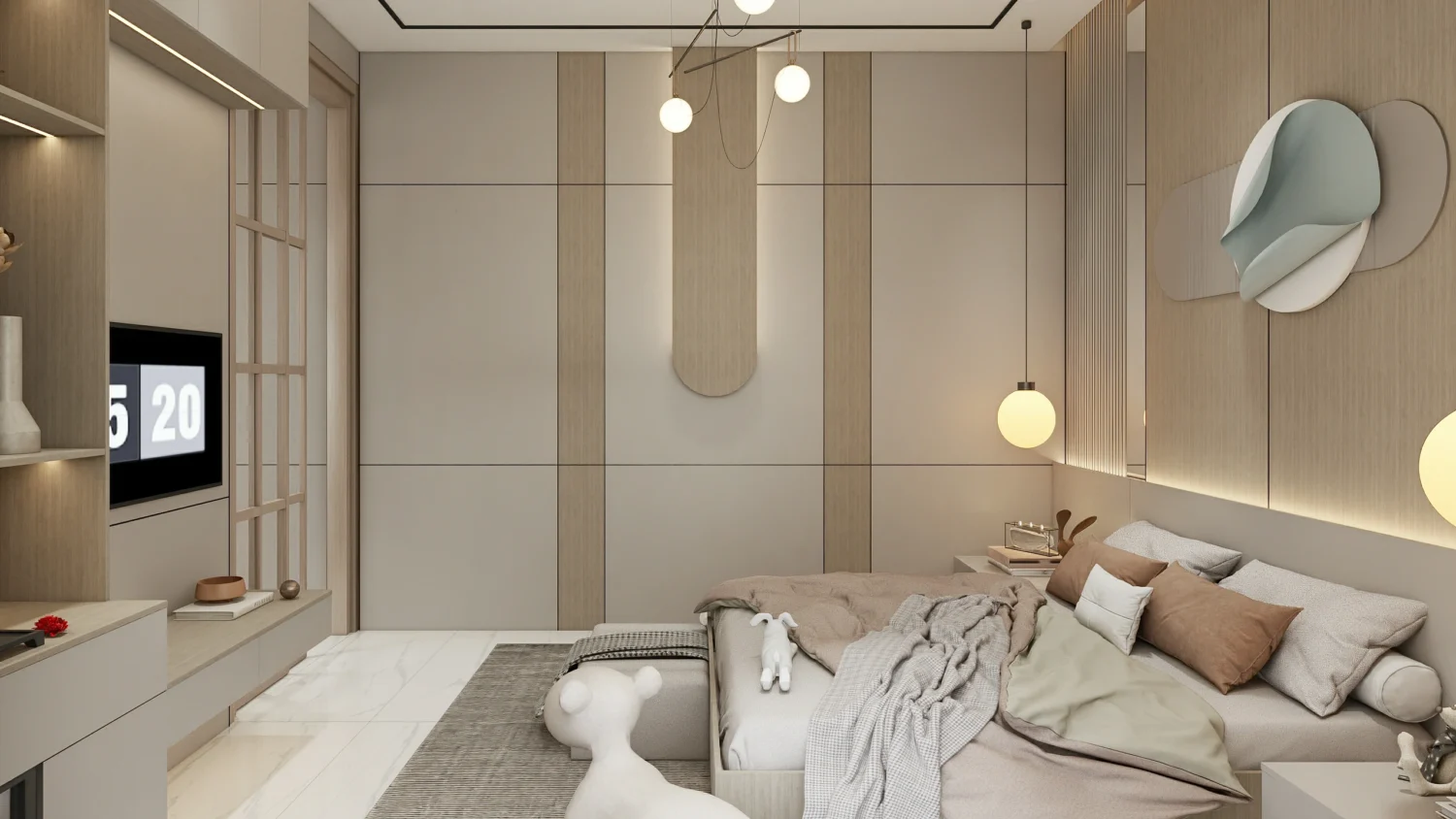 Modern lighting fixtures like pendant lamps and chandeliers in a bedroom.