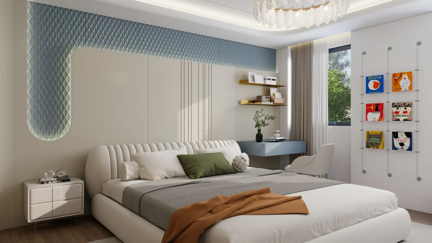 Textured wall treatments like 3D panels in a master bedroom.