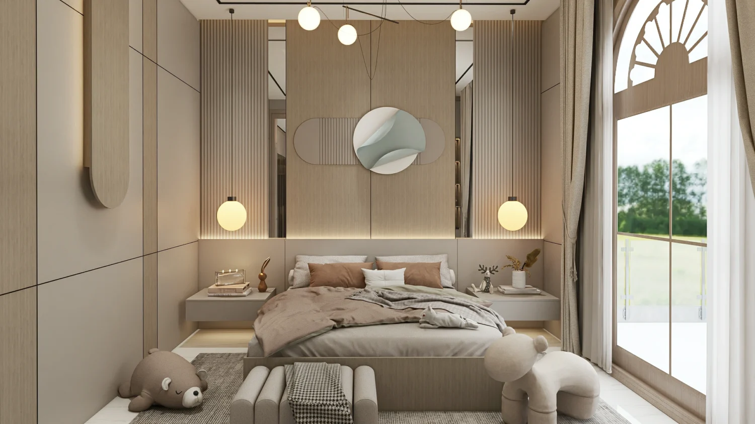 Oversized rug and soft furnishings like pillows in a cozy master bedroom.