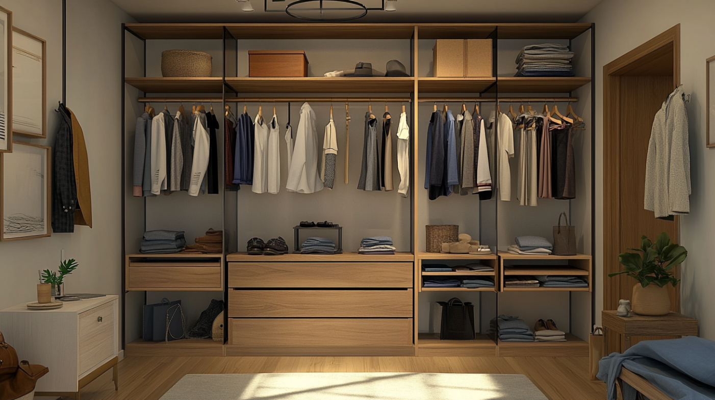 Open wardrobe in a small bedroom maximizing space with open racks and shelves.