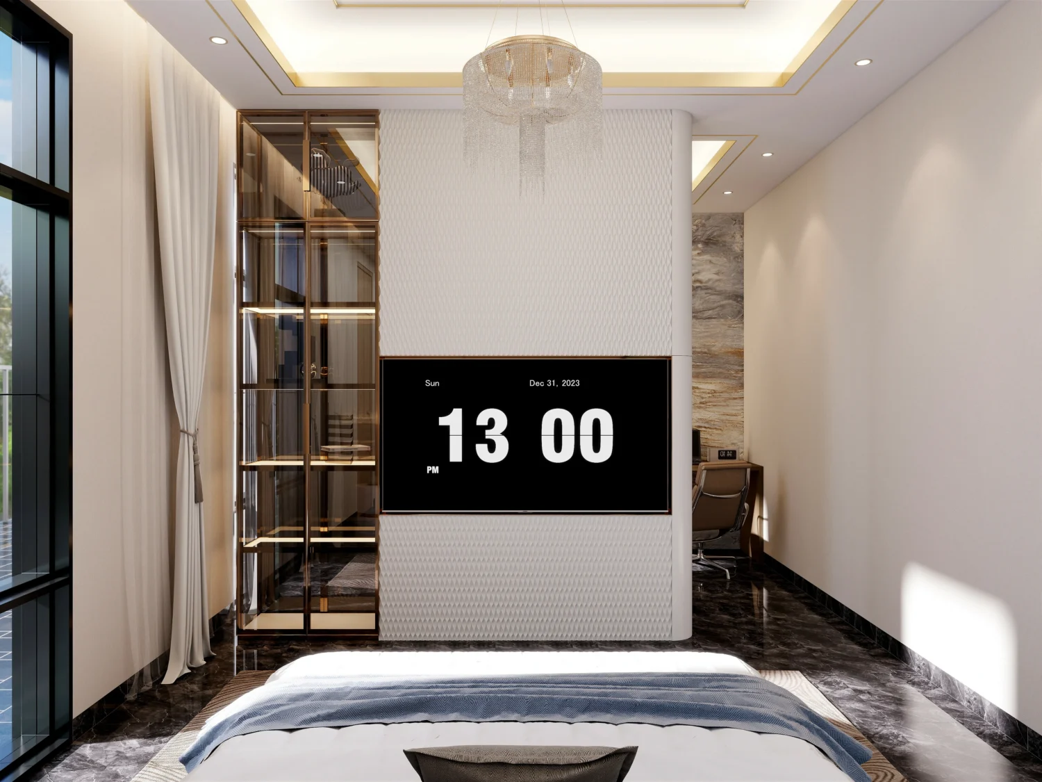 Paneled wood headboard in a modern master bedroom.