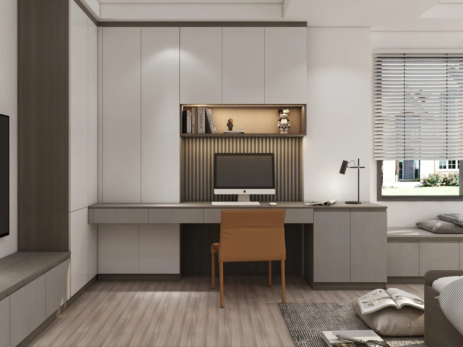 Wardrobe for bedroom integrates tall cabinets, desk, niche shelves, task lamp, and window bench seating.