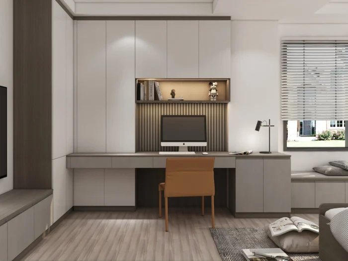 Wardrobe for bedroom integrates tall cabinets, desk, niche shelves, task lamp, and window bench seating.