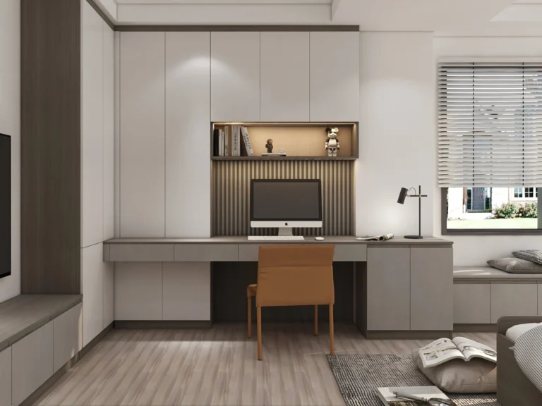 Wardrobe for bedroom integrates tall cabinets, desk, niche shelves, task lamp, and window bench seating.