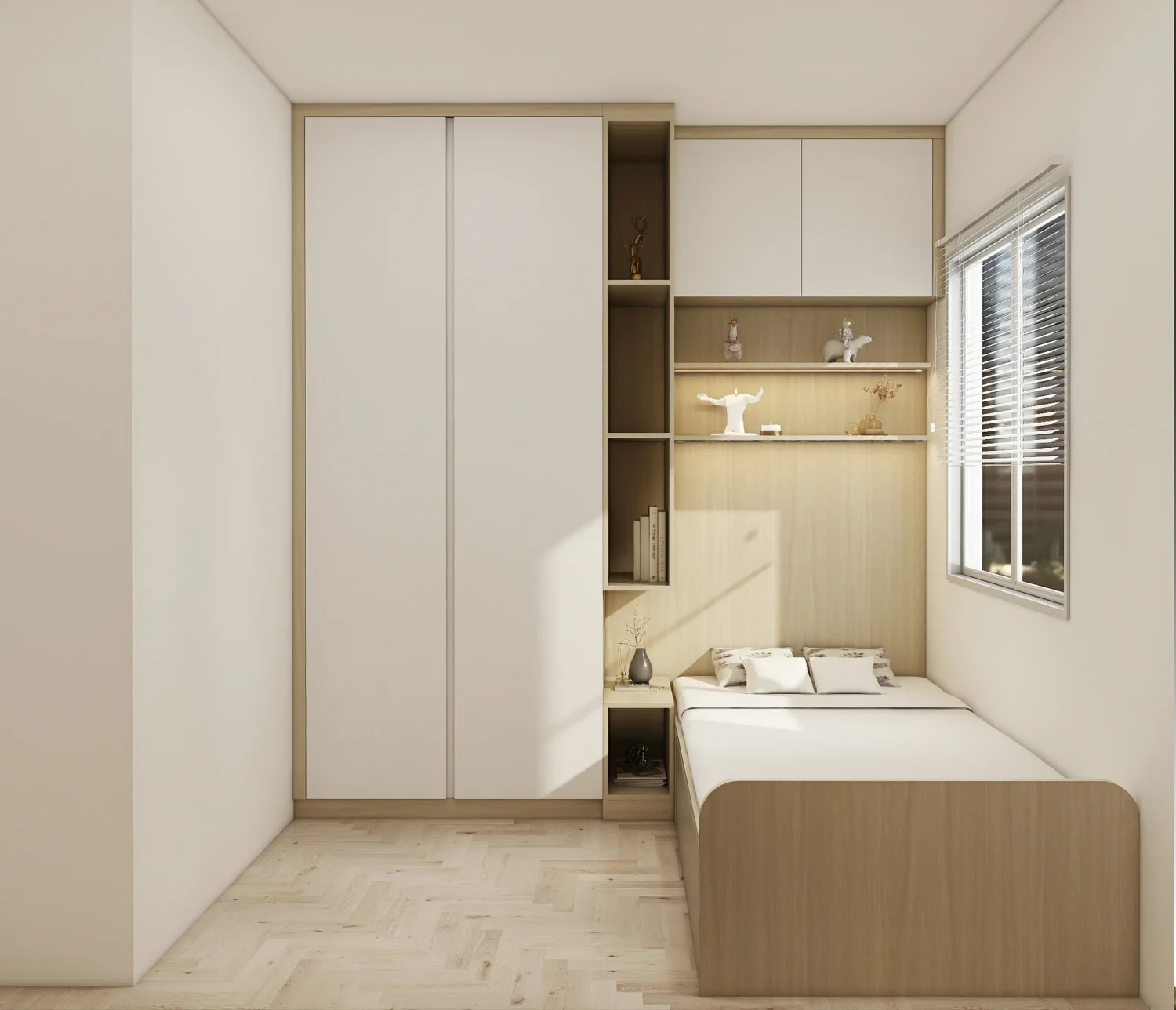 Compact wardrobe for small bedroom with sliding doors, vertical niches, overhead cabinets, and bedside shelving.