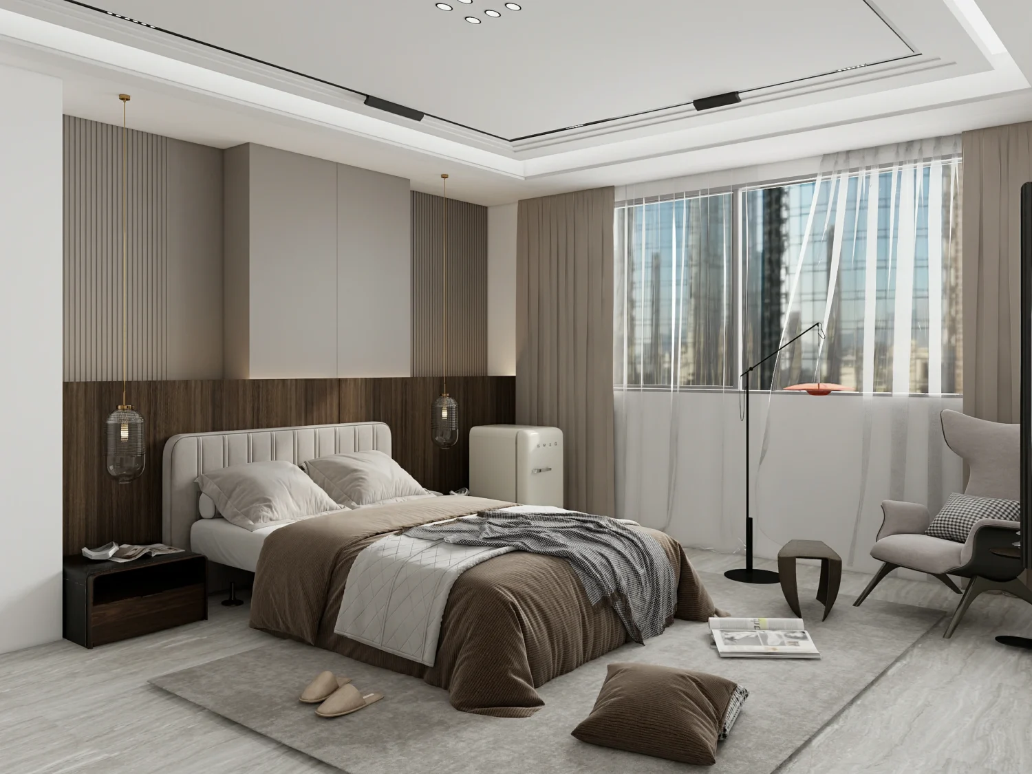 Floating nightstands in a modern master bedroom with minimalist design.