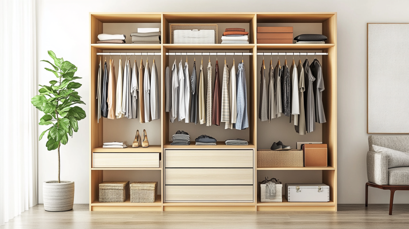 An open wardrobe displaying neatly organized clothes and accessories with natural lighting.