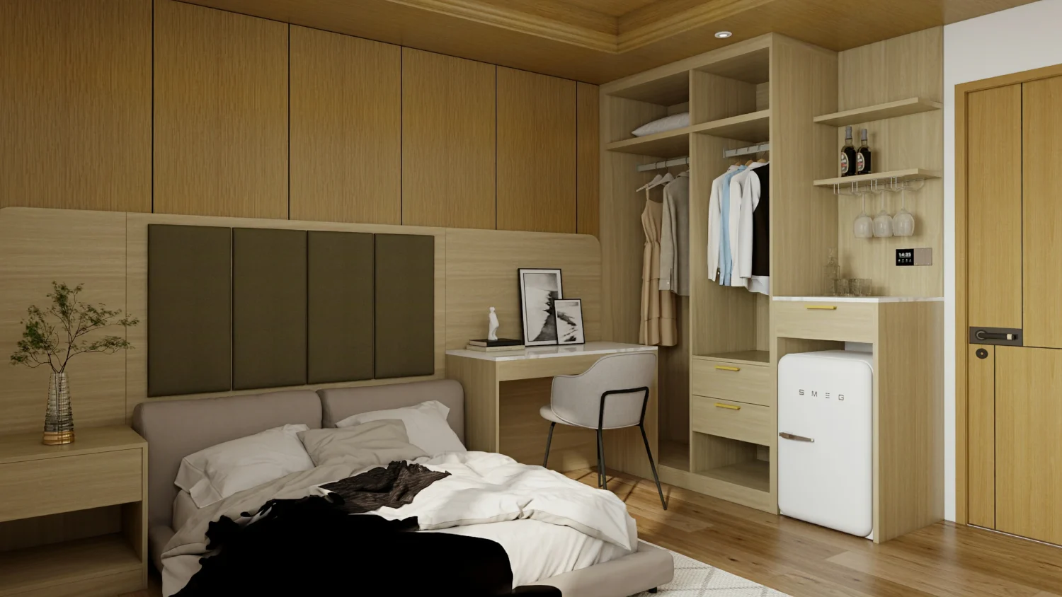 Small wardrobe with natural wood tones, adding warmth and texture to the space.