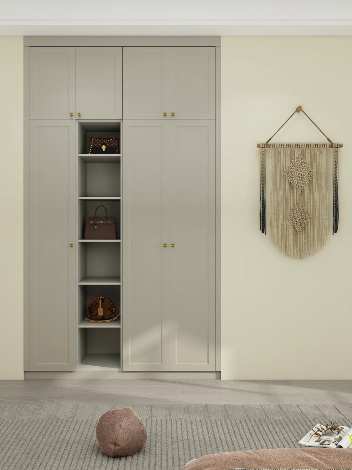 A modern wardrobe combining open and closed storage for easy access and neat organization.